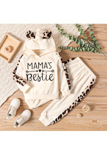 2-piece Toddler Girl Letter Print Hooded 3D Ear Decor Leopard Splice Fluffy Long-sleeve Hoodie Top and Leopard Splice Pants Beige Set