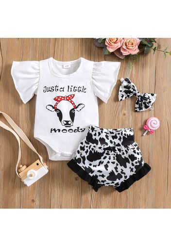 100% Cotton 3pcs Baby Girl Ladybugs/Cow Letter Print Ruffle Short-sleeve Romper and Shorts with Headband Set