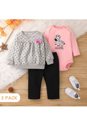 3-Pack Baby Girl 95% Cotton Long-sleeve Zebra & Letter Print Romper and Polka Dots Sweatshirt with Solid Pants Set