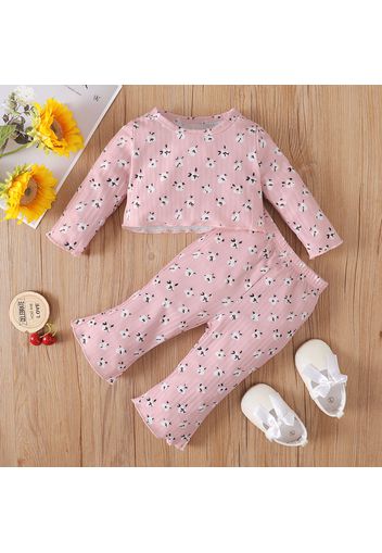 2pcs Baby Girl Floral Print Ribbed Long-sleeve Crop Top and Bell Bottom Pants Set