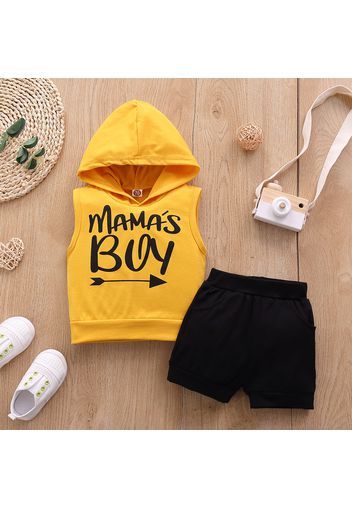 2pcs Letter Print Color Block Hooded Sleeveless Baby Set