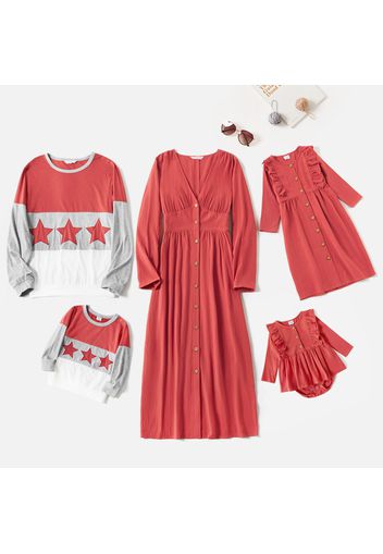 Family Matching Light Red Button Down Long-sleeve Midi Dresses and Colorblock Sweatshirts Sets