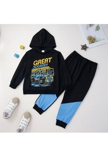 2-piece Kid Boy Letter Vehicle Print Hoodie Sweatshirt and Colorblock Elasticized Pants Set