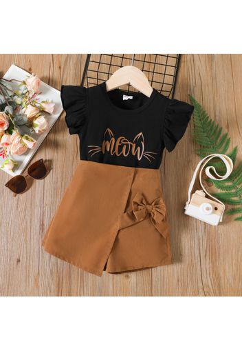 2pcs Toddler Girl Letter Print Flutter-sleeve Black Tee and Bowknot Design Shorts set