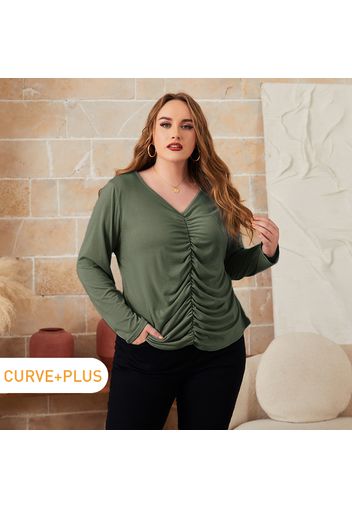 Women Plus Size Basics V Neck Ruched Long-sleeve Tee