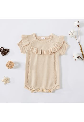 Baby Girl Solid Color Ruffled Short-sleeve Knit Romper