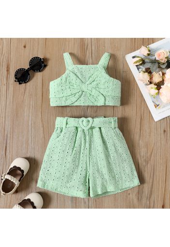 2pcs Toddler Girl 100% Cotton Hollow out Bowknot Design Green Camisole and Belted Shorts Set