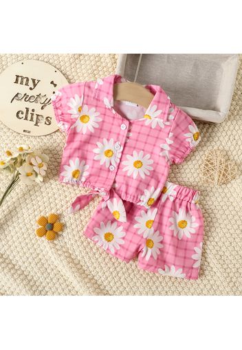 2pcs Baby Girl Allover Daisy Print Pink Plaid Puff-sleeve Self-tie Top and Shorts Set