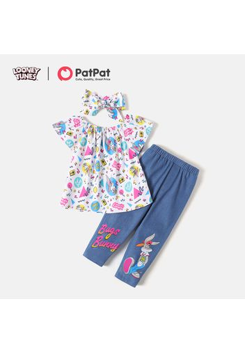 Looney Tunes 3pcs Toddler Girl Allover Print Flounce Short-sleeve Tee & Cotton Denim Jeans and Headband Set