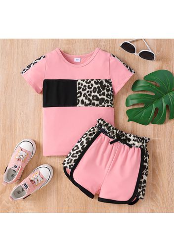 2-piece Toddler Girl Leopard Print Colorblock Tee and Bowknot Design Paperbag Shorts Set