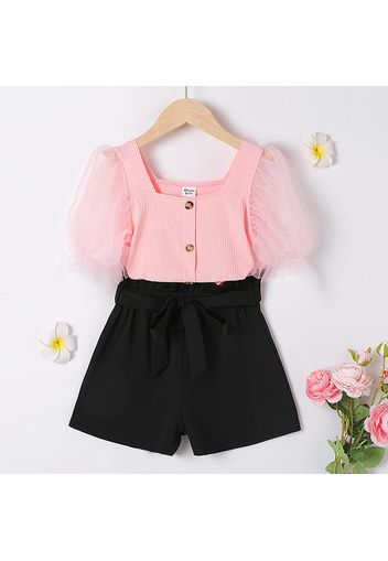 2pcs Kid Girl Button Design Square Neck Mesh Short-sleeve Pink Tee and Belted Black Shorts Set