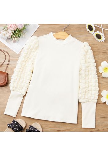 Kid Girl Textured Long Puff-sleeve Mock Neck Solid Color Tee