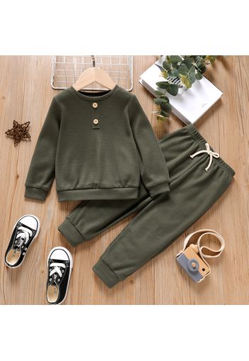 2pcs Toddler Boy Solid Color Button Design Waffle Pullover Sweatshirt and Pants Set
