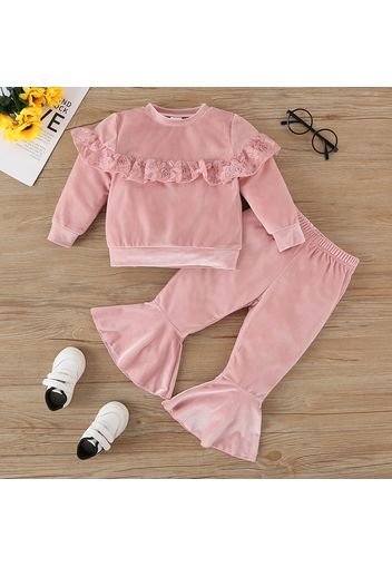 2-piece Toddler Girl Ruffled Lace Design Velvet Sweatshirt and Flared Pants Set