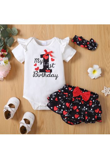 3pcs Baby Girl 95% Cotton Ruffle Short-sleeve Letter Embroidered Romper and Allover Love Heart Print Layered Shorts with Headband Set