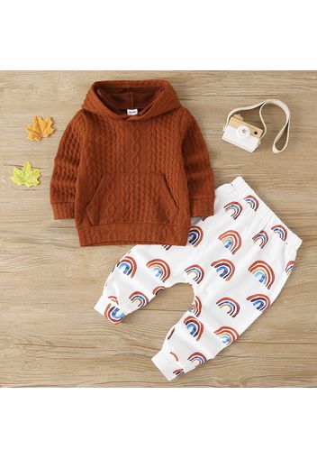 2-piece Toddler Boy Cable Knit Hoodie and Rainbow Print Pants Set