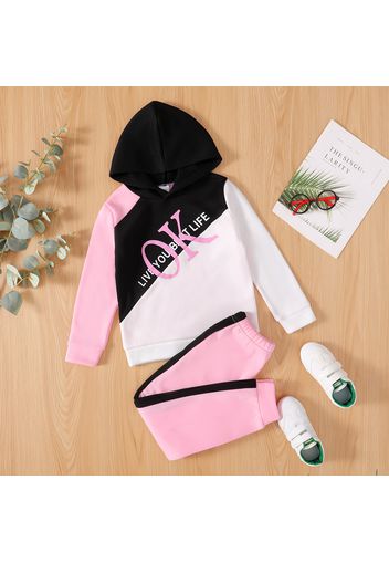 2-piece Kid Girl Letter Print Colorblock Hoodie Sweatshirt and Pants Set