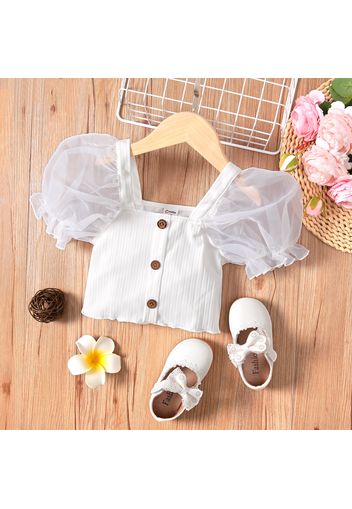 Toddler Girl Square Neck Button Design Mesh Puff-sleeve Tee