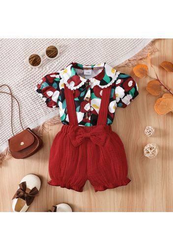 2pcs Baby Girl 100% Cotton Crepe Suspender Shorts and Allover Floral Print Puff-sleeve Shirt Set