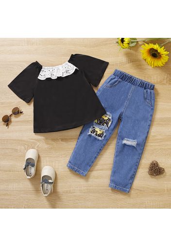 2pcs Toddler Girl Schiffy Design Short-sleeve Black Tee and Patchwork Ripped Denim Jeans Set