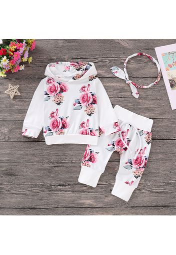 3pcs Flower Patterned Hooded Long-sleeve Baby Set