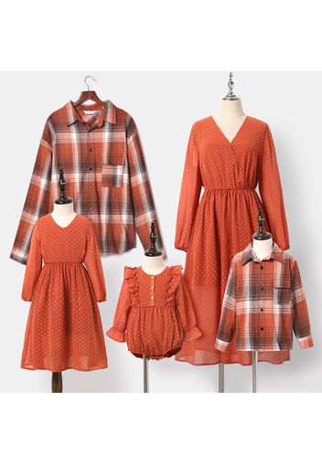 Family Matching Solid Cross Wrap V Neck Swiss Dots Long-sleeve Dresses and Plaid Shirts Sets