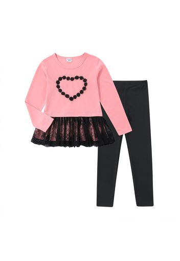 2-piece Kid Girl Heart Floral Embroidered Lace Design Long-sleeve Top and Black Pants Set