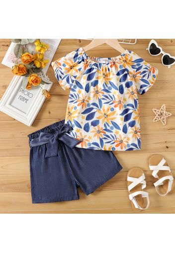 2pcs Kid Girl Floral Print Short-sleeve Tee and Belted Denim Shorts Set