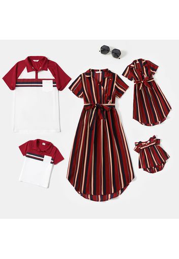 Family Matching Dark Red Striped Short-sleeve Belted Midi Dresses and Splicing Polo Shirts Sets