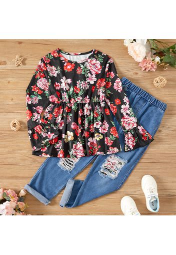 2-piece Kid Girl Floral Print Bell sleeves Peplum Top and Ripped Denim Pants Jeans Set