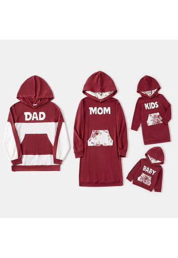 Family Matching Wine Red Letter and Floral Print Hoodie Sweatshirts Sets