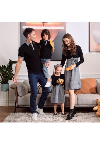 Family Matching Plaid Splicing Black Long-sleeve Dresses and Short-sleeve Polo Shirts Sets