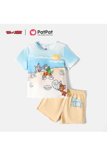 Tom and Jerry 2pcs Toddler Boy Colorblock Short-sleeve Tee and Letter Print Shorts Set