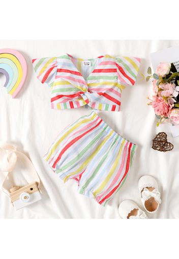 2pcs Baby Girl Colorful Striped V Neck Ruffle Sleeve Twist Knot Crop Top and Shorts Set