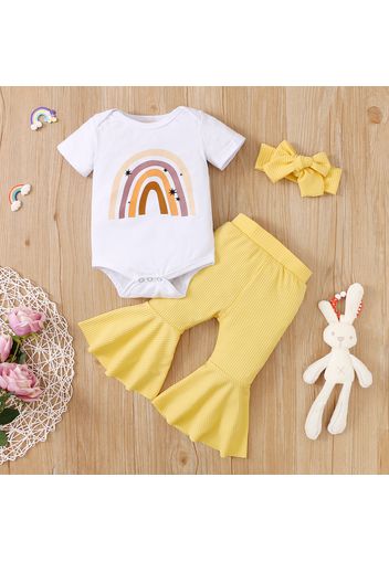 3pcs Baby Girl Rainbow Print Short-sleeve Romper and Bell Bottom Pants with Headband Set