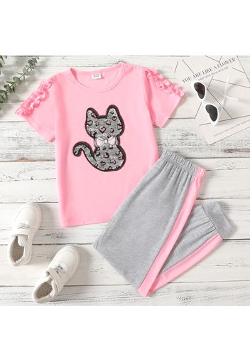 2-piece Kid Girl Flip Sequin Cat Pattern Ruffled Short-sleeve Pink Tee and Colorblock Elasticized Pants Set