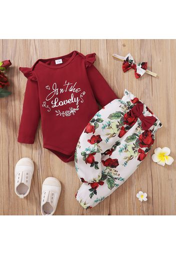 3pcs Baby Girl Letter Print Red Long-sleeve Romper and Floral Print Trousers Set