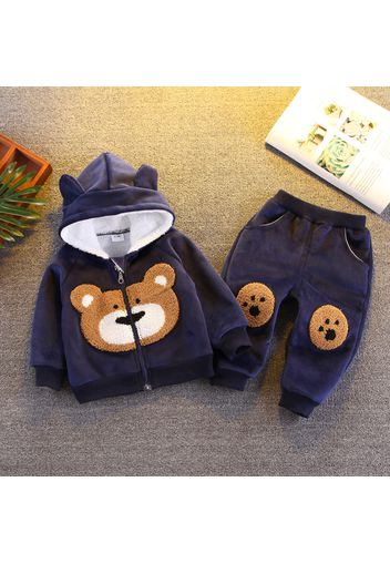 2-piece Toddler Boy Bear Embroidery Ear Decor Fluffy Jacket and Pants Casual Set