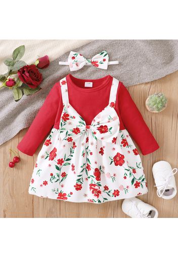 2pcs Baby Girl Red Floral Print Bowknot Faux-two Long-sleeve Dress with Headband Set