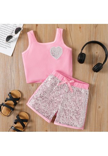 2pcs Kid Girl Heart Sequined Tank Top and Bowknot Design Shorts Set