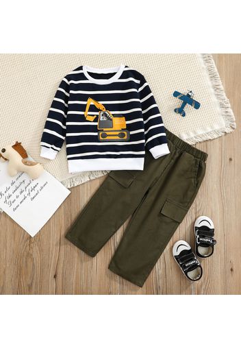 2-piece Toddler Boy Stripe Excavator Embroidered Long-sleeve Tee and Cargo Pants Set