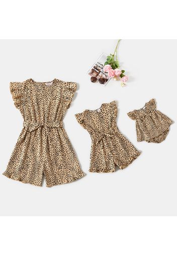 Leopard V Neck Flutter-sleeve Belted Romper for Mom and Me