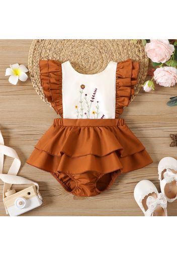 Baby Girl Embroidered Layered Ruffle Trim Sleeveless Romper