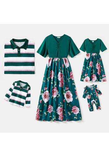 Family Matching Floral Print Splicing Short-sleeve Midi Dresses and Striped Long-sleeve Polo Shirts Set