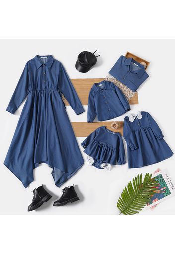 Family Matching Solid Blue Denim Lapel Long-sleeve Irregular Hem Dresses and Shirts Sets