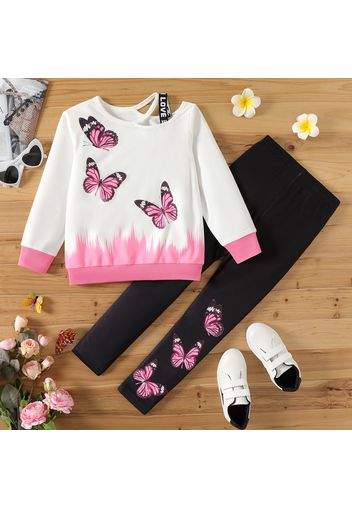 2pcs Kid Girl Butterfly Print Colorblock Cut Out Sweatshirt and Elasticized Leggings Set