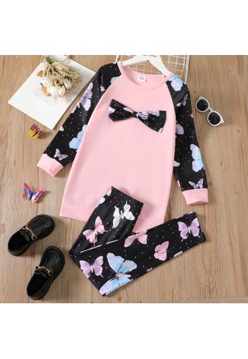 2-piece Kid Girl Butterfly Print Polka dots Bowknot Design Long-sleeve Top and Pants Set