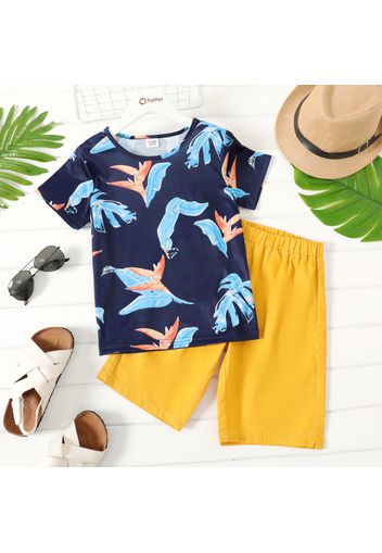 2-piece Kid Boy Floral Leaf Print Short-sleeve Tee and Elasticized Yellow Shorts Set