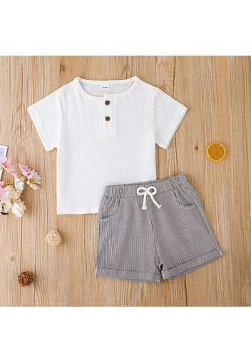 2pcs Toddler Boy Basic Button Design Crepe Tee and Stripe Shorts Set