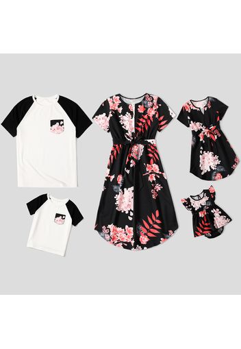 Family Matching Floral Print Black Short-sleeve Belted Dresses and Raglan-sleeve T-shirts Sets